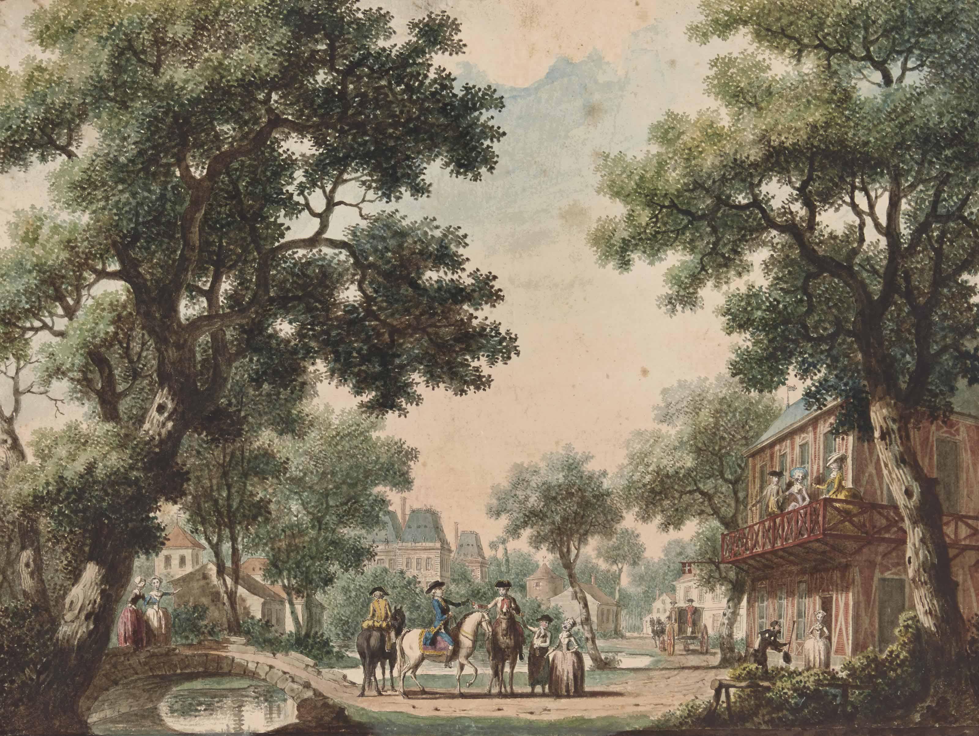 Louis Carrogis - Cavaliers À Cheval Et Promeneurs Devant Un Pont À L\'Entrée D\'Un Village