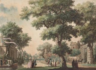 Louis Carrogis - Personnages Discutant Aux Abords D\'Un Étang, Un Château À L\'Arrière-Plan