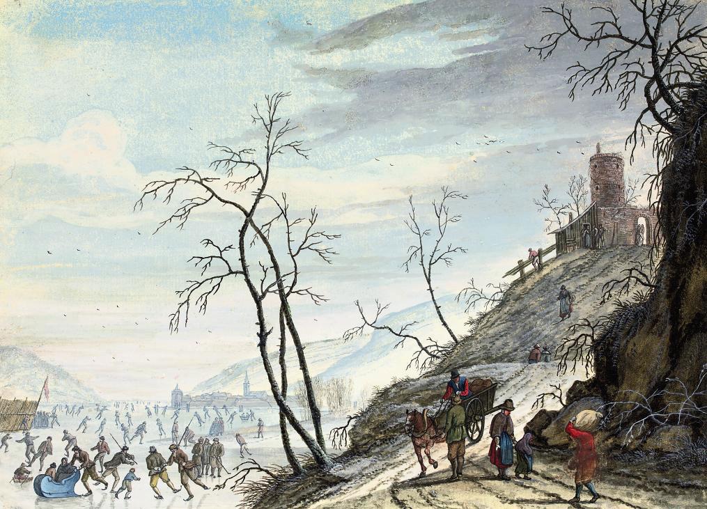 Louis Chalon - A Dutch winter landscape with figures skating on a frozen river