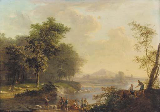 Louis Chalon - A Rhenish river landscape with peasants loading a barge