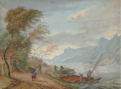Louis Chalon - A river landscape in a storm with peasants on a track and boatmen steering a ferry