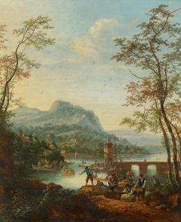 Louis Chalon - Flusslandschaft mit Reisenden