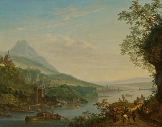 Louis Chalon - Ideale Flusslandschaft mit Blick auf Frankfurt.