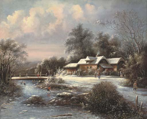 Louis Claude Mallebranche - Skaters and fishermen at a bridge on a frozen river