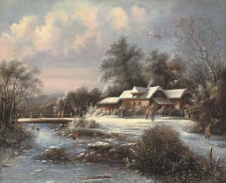 Louis Claude Mallebranche - Skaters and fishermen at a bridge on a frozen river