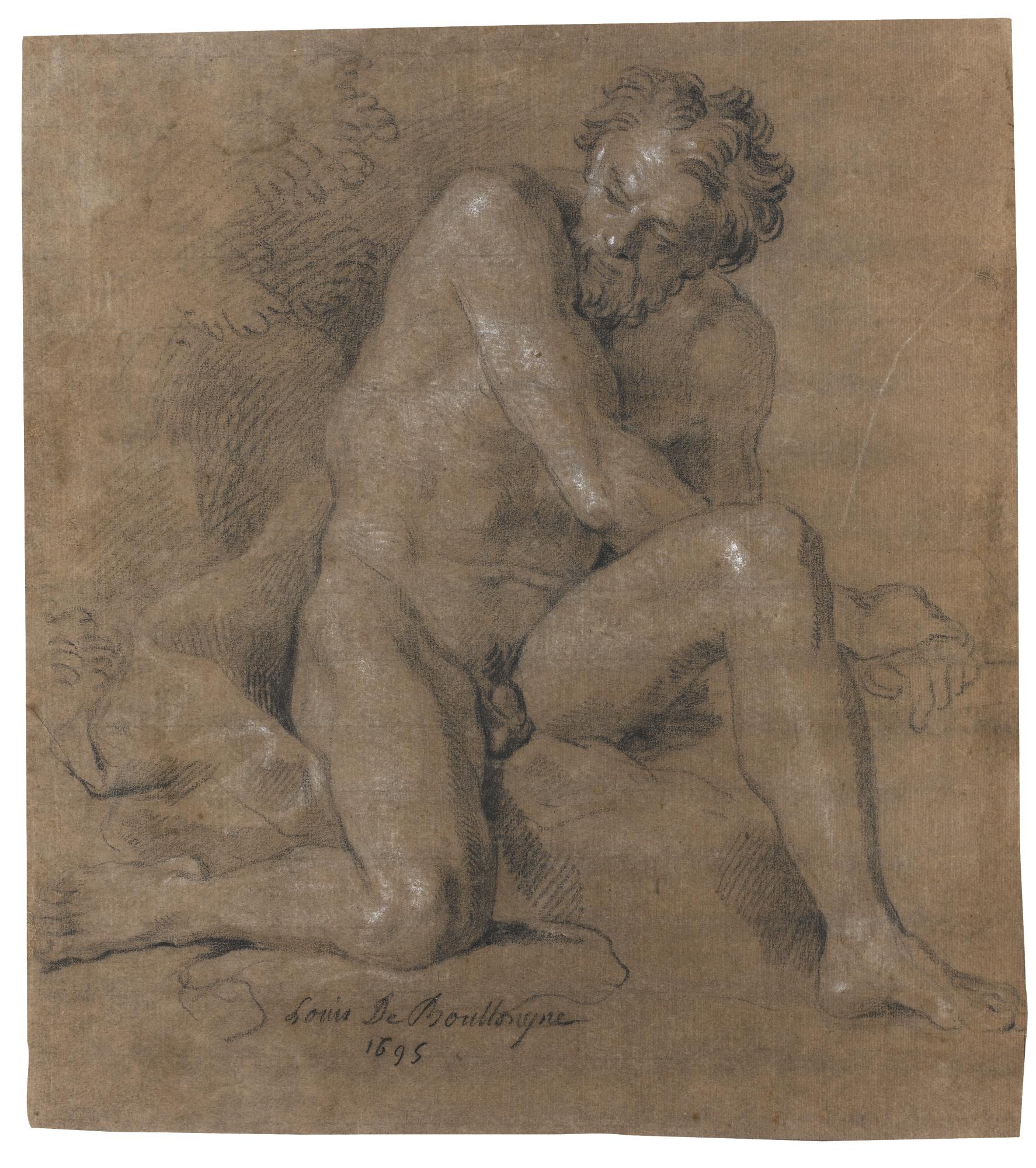 Louis De Boullogne The Younger - Male Nude Leaning On His Right Knee, His Left Leg Raised