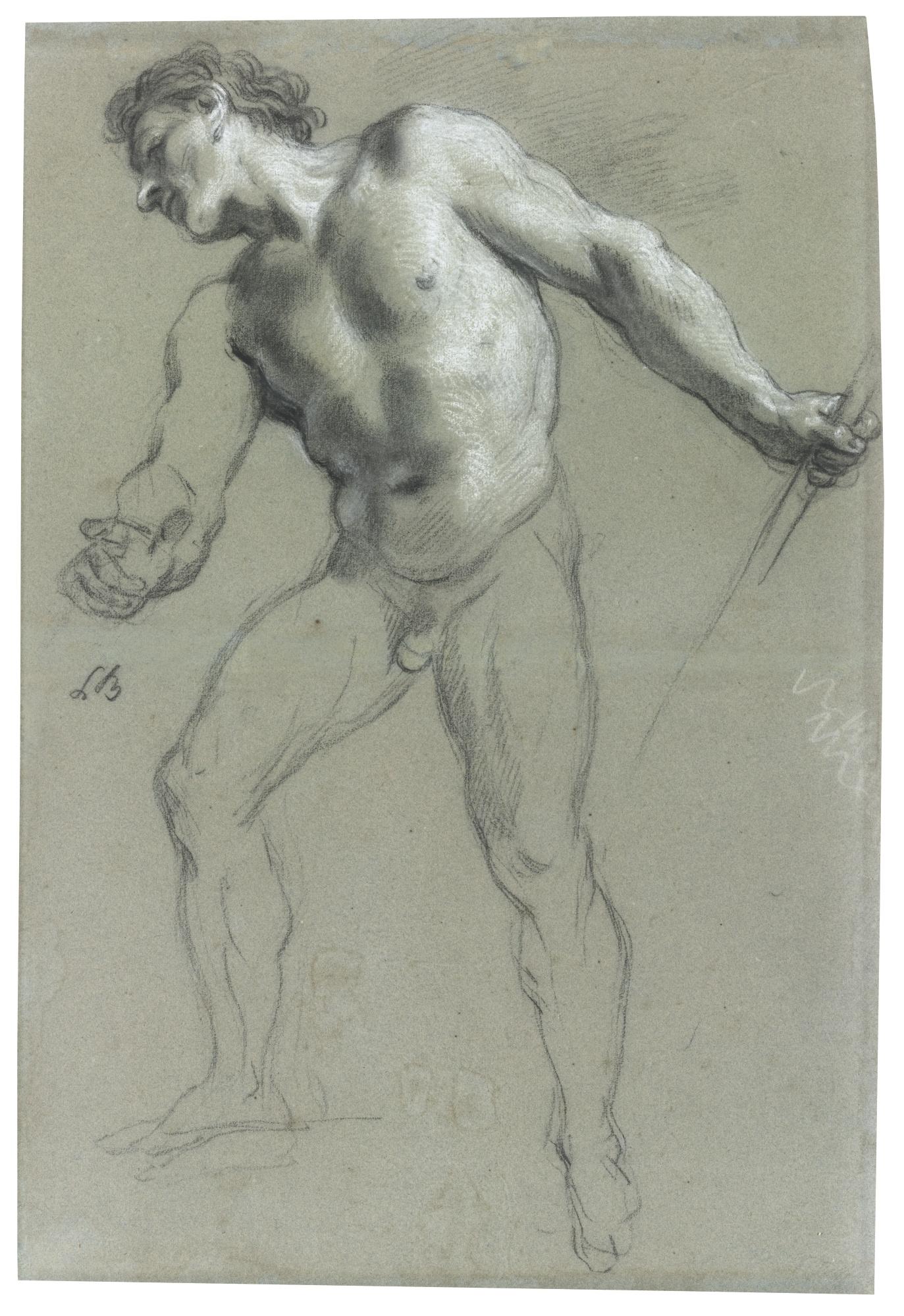 Louis De Boullogne The Younger - Standing Male Nude Facing Left, Holding A Staff