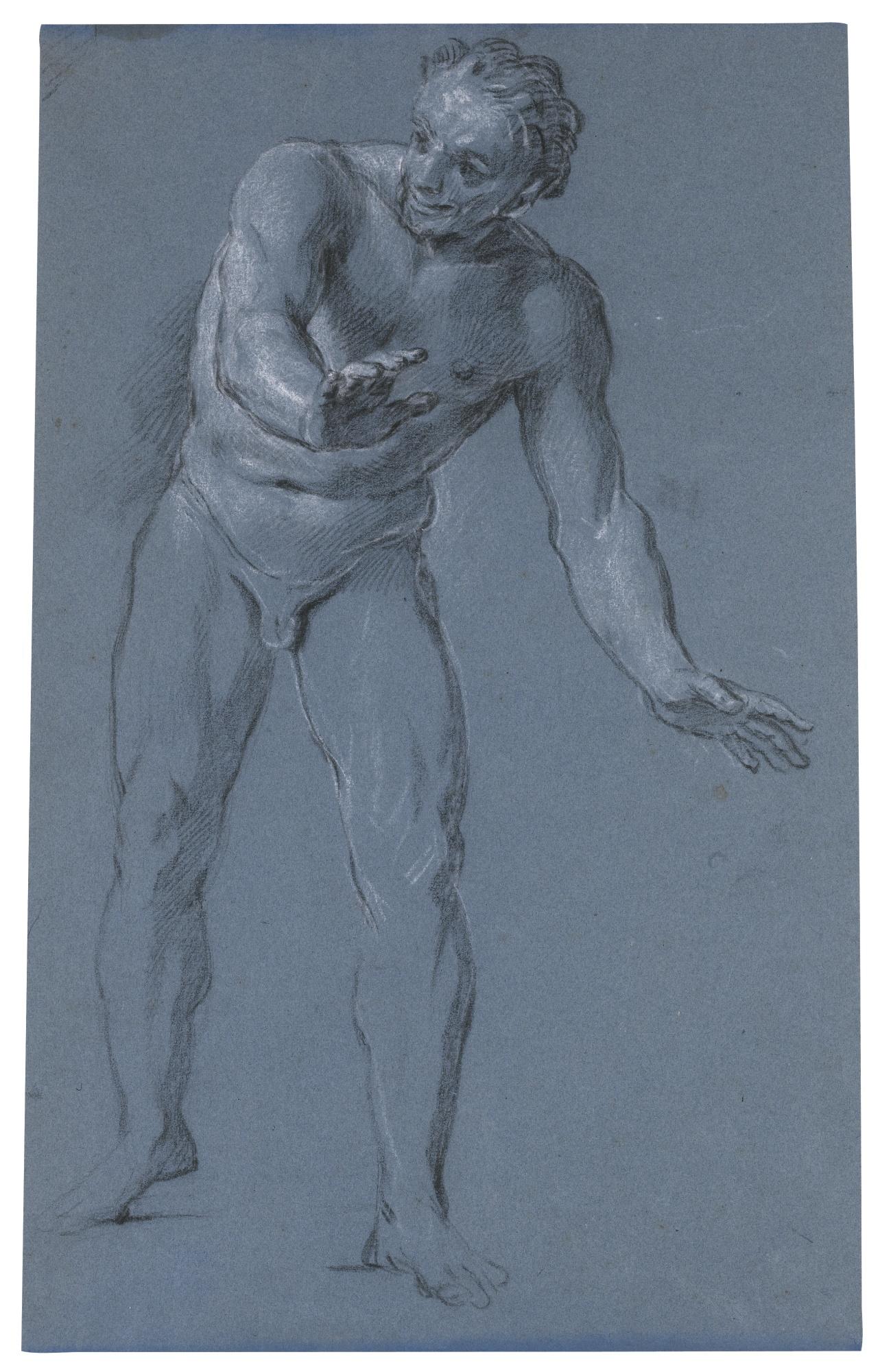 Louis De Boullogne The Younger - Standing Male Nude, Leaning Forward, With Arms Outstretched