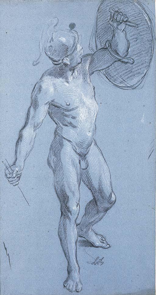 Louis De Boullogne - A Nude Wearing A Helmet And Holding Up A Shield