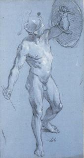 Louis De Boullogne - A Nude Wearing A Helmet And Holding Up A Shield