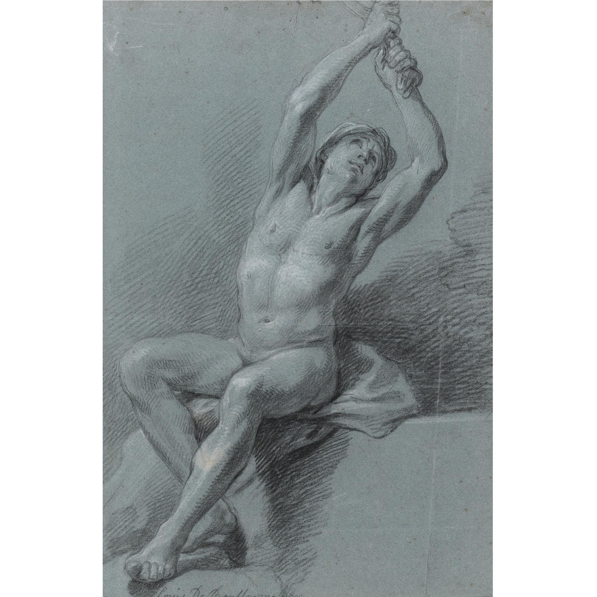 Louis de Boullogne - A Seated Male Nude, Arms Raised, Pulling On A Cloth