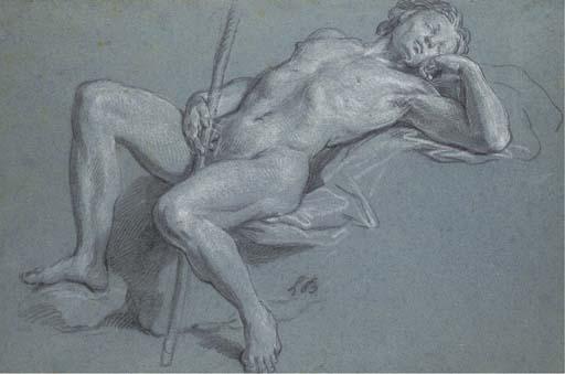 Louis de Boullongne - A Reclining Nude Holding A Staff