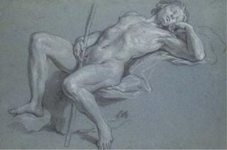 Louis de Boullongne - A Reclining Nude Holding A Staff