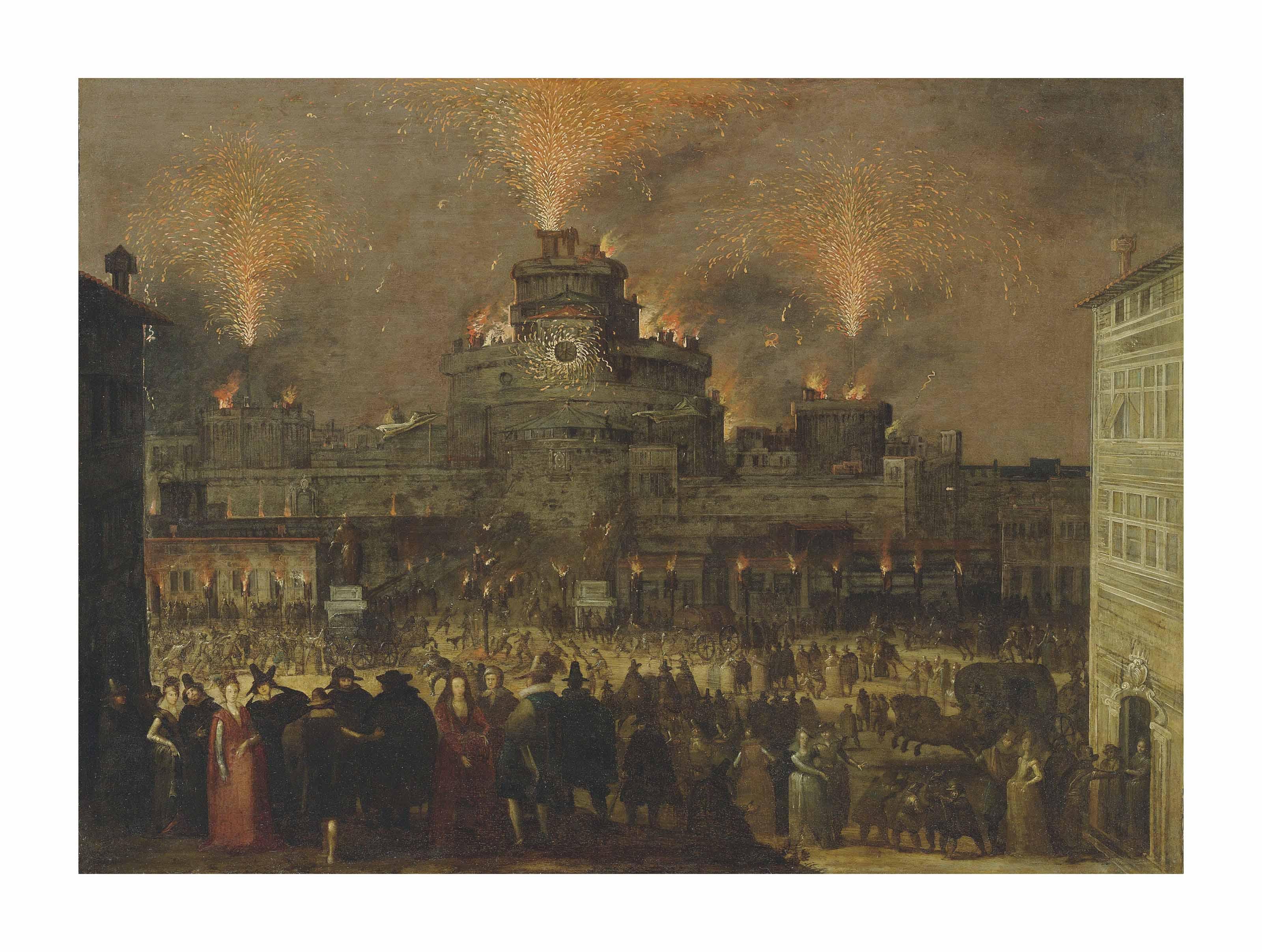 Louis De Caullery - A fireworks display at the Castel Sant\' Angelo, Rome