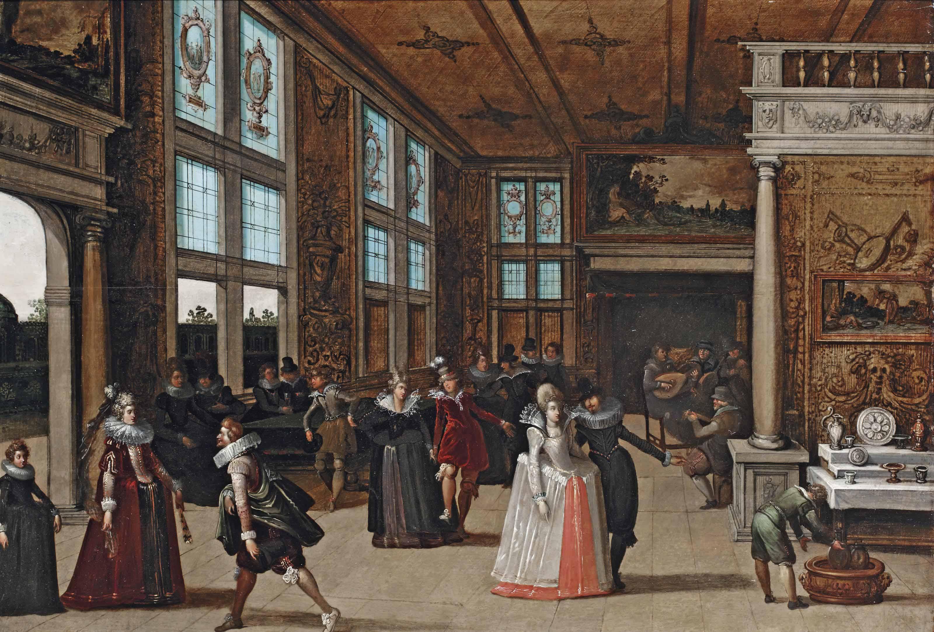 Louis De Caullery - A Palace Interior With Elegant Couples Courting At A Ball