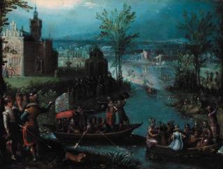 Louis De Caullery - A river landscape with elegant figures boating
