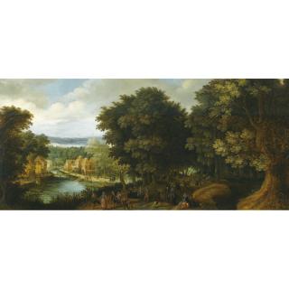 Louis De Caullery - An Extensive Wooded River Landscape With Elegant Figures Conversing Along A Path To The Right, And Other Figures Merry-Making In A Village To The Left