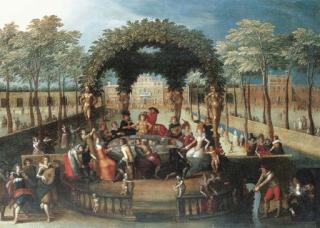 Louis de Caullery - Elegant figures dining in a garden by a canal