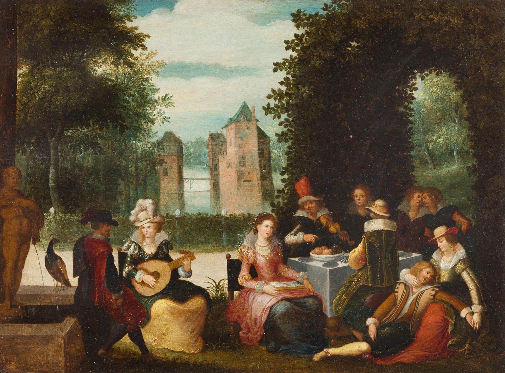 Louis de Caullery - Elegante musizierende Gesellschaft im Park, im Hintergrund ein