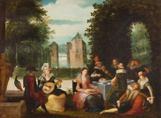 Louis de Caullery - Elegante musizierende Gesellschaft im Park, im Hintergrund ein