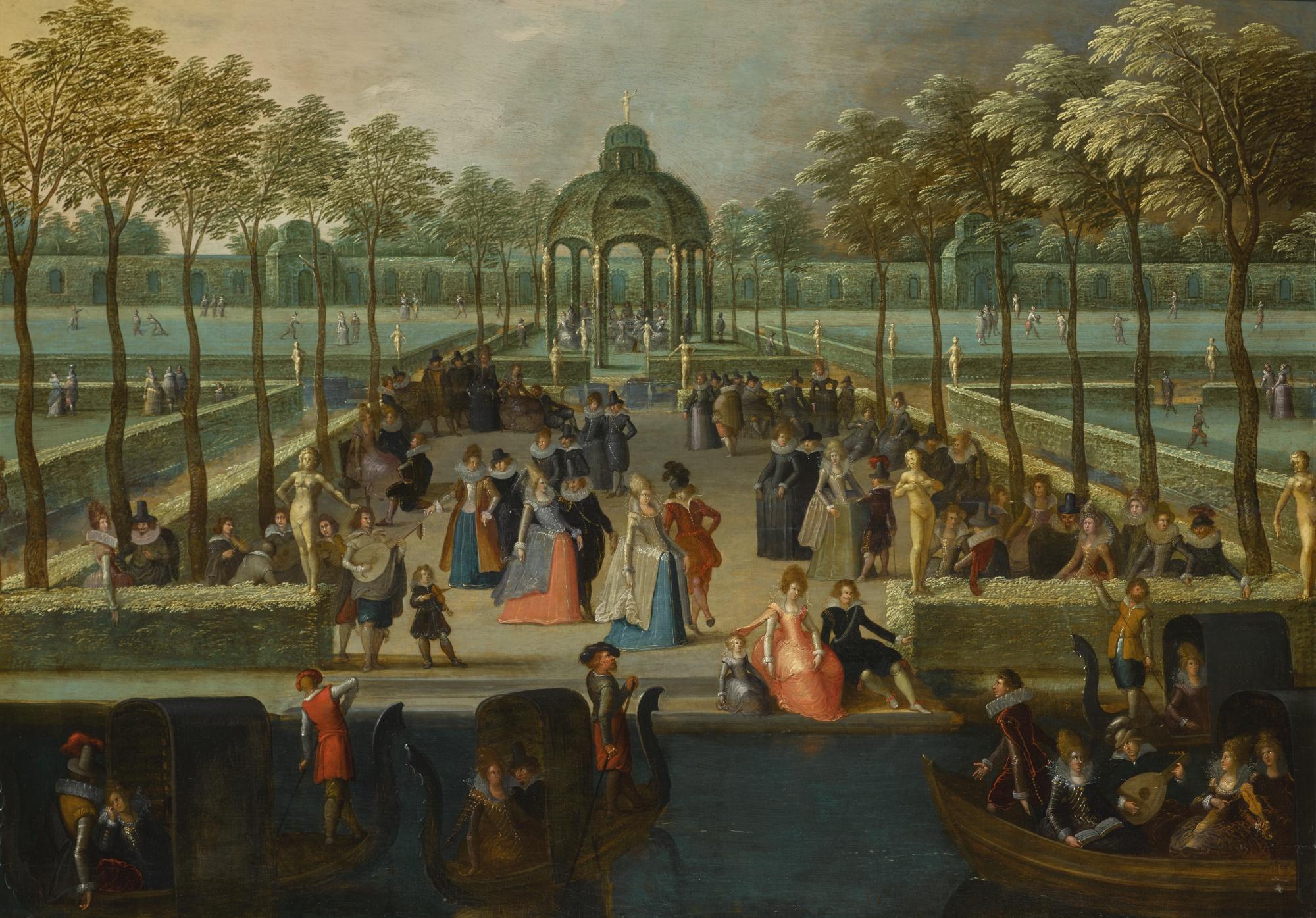Louis De Caullery - Elegantly-Dressed Figures Promenading In A Garden And Riding In Gondolas, Serenaded By Musicians