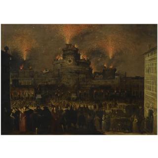Louis de Caullery - Rome, A View Of Castel Sant\'Angelo With Figures Revelling Outdoors, With Fireworks And A Catherine Wheel Above Them