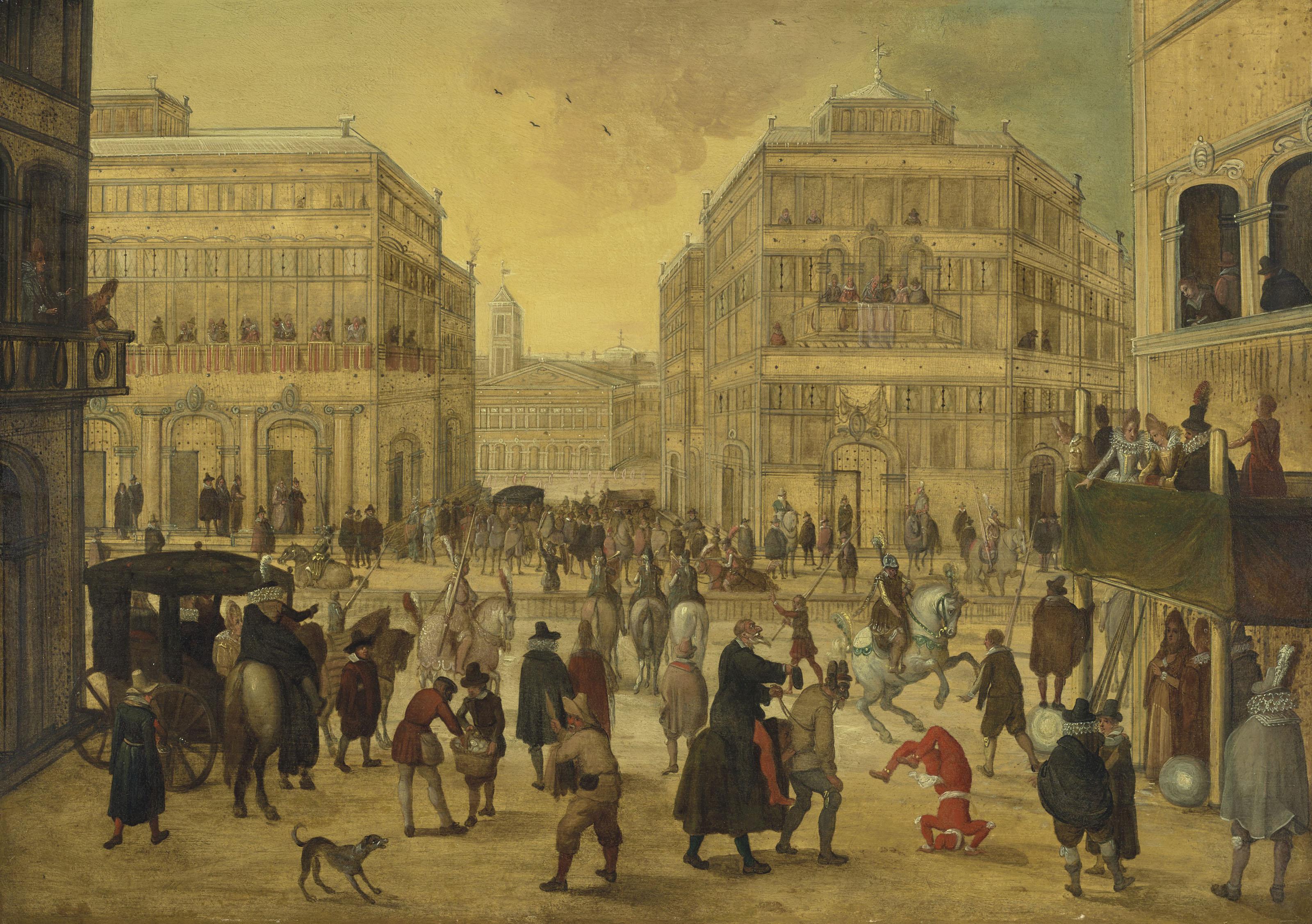 Louis De Caullery - Saltimbanques dans une ville italienne un jour de carnaval et tournoi