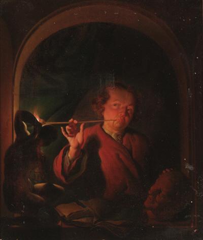 Louis De Moni - A man lighting a pipe at a casement with a bust, a statuette and books on a ledge