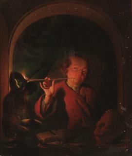 Louis De Moni - A man lighting a pipe at a casement with a bust, a statuette and books on a ledge