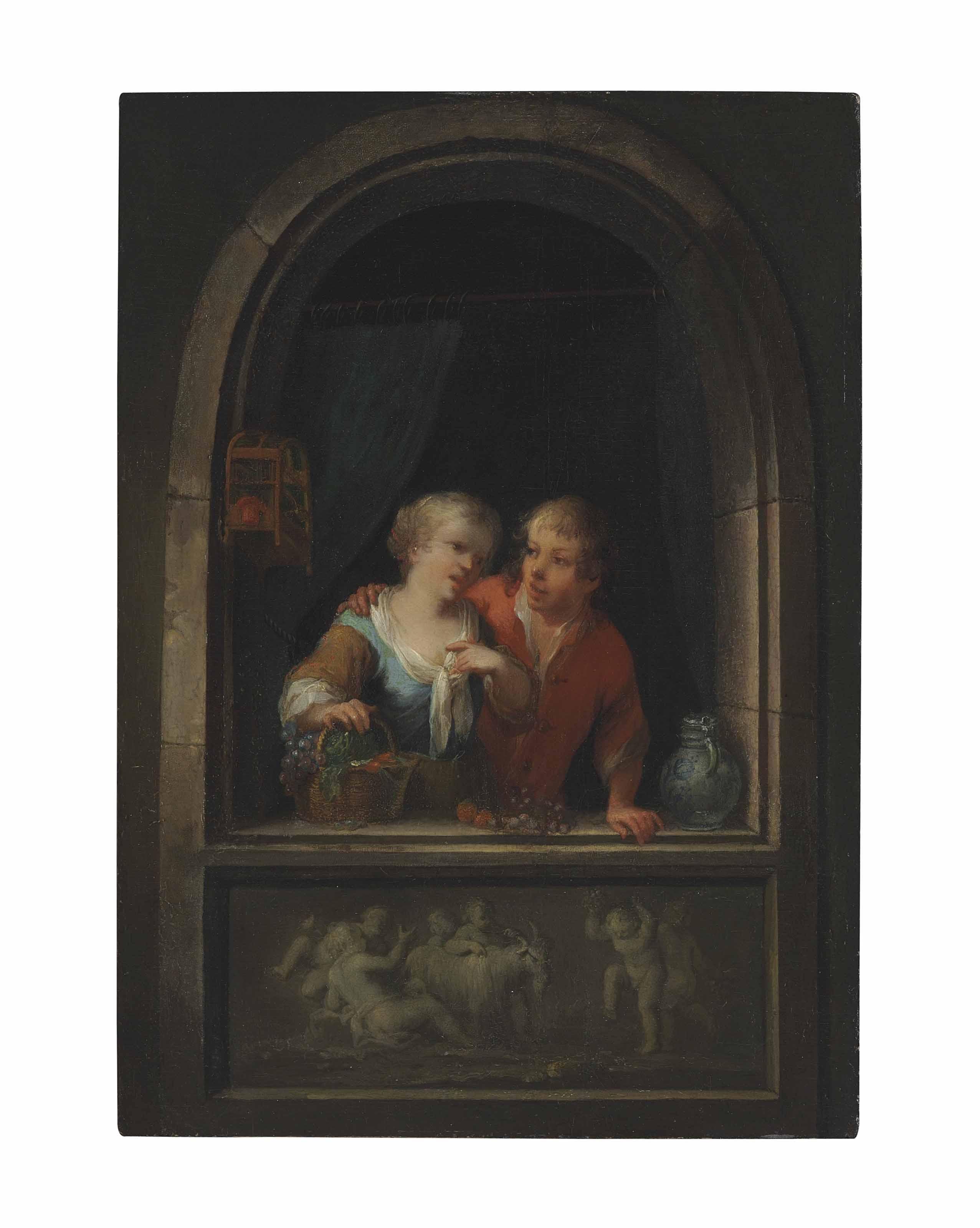 Louis de Moni - A Young Couple At A Window With A Classical Relief