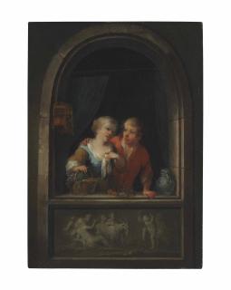 Louis de Moni - A Young Couple At A Window With A Classical Relief