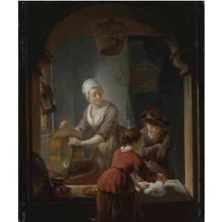 Louis de Moni - An Interior With A Kitchen Maid Cleaning A Copper Pot And A Youth And Young Woman Playing Jeu De L\'Oie