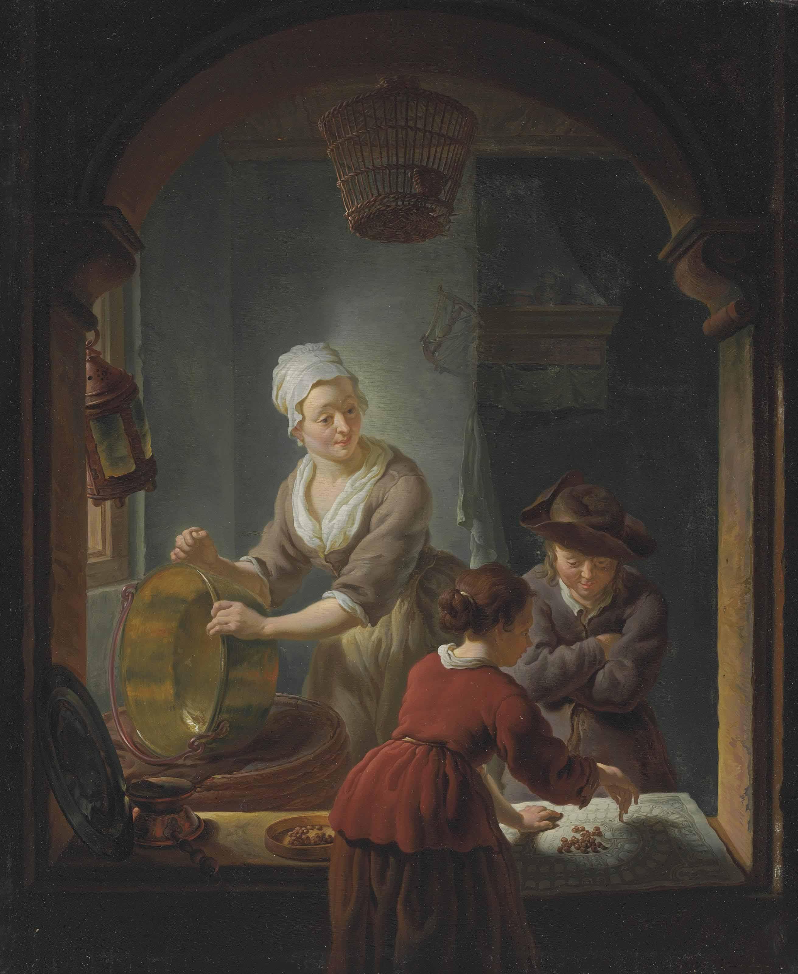 Louis De Moni - An Interior With A Kitchen Maid Cleaning A Copper Pot And A Youth And Young Woman Playing Jeu De L\'Oie