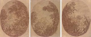 Louis de Silvestre - La Fuite En Egypte; Un Paysage Maritime Avec Des Figures Dans Des Bateaux Au Premier Plan; Et Un Paysage Avec Deux Figures Sur Un Chemin, Un Château Au Fond