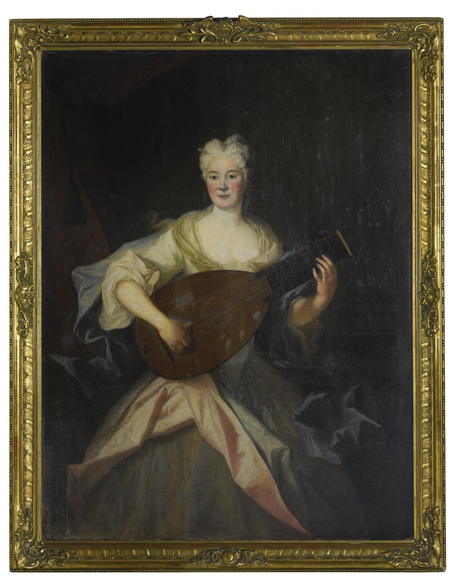 Louis De Silvestre - Portrait Of A Lady, Believed To Be Anna Constanze, Countess Of Cosel (1680 – 1765), Three-Quarter Length, Dressed In Green And Pink Silks And Playing A Lute