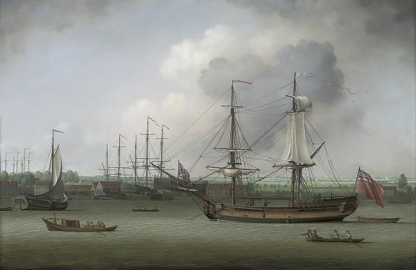 Louis Dodd - A Royal Naval Dockyard On The Thames, With Men-O\'War On The Stocks And A Snow Lying At Anchor In The Foreground