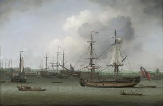 Louis Dodd - A Royal Naval Dockyard On The Thames, With Men-O\'War On The Stocks And A Snow Lying At Anchor In The Foreground