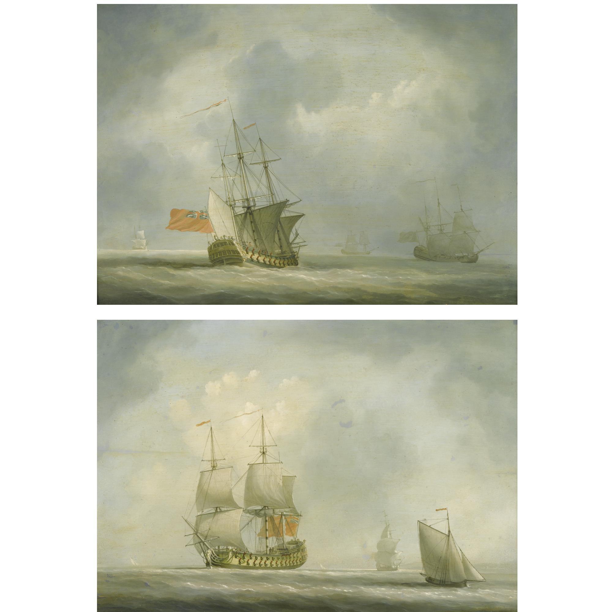Louis Dodd - A Squadron Of The Royal Navy In A Breeze; 52 Gun Man-Of-War And Other Shipping Off The Coast