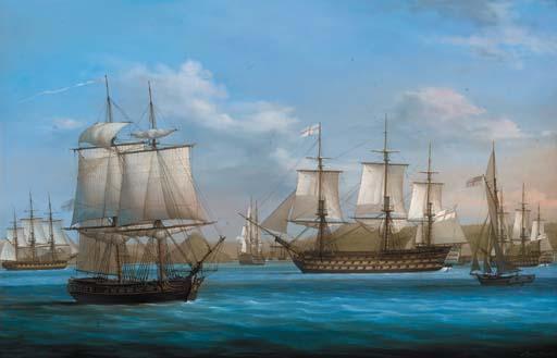 Louis Dodd - Nelson arriving at St. John\'s Harbour, Antigua, 12 June 1805 in the pursuance of Villeneuve shewing the Victory and the Brig Curieux with dispatches for England