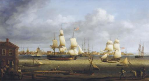 Louis Dodd - New York harbor anno 1788, with an American frigate, a gun brig and other shipping in the harbor and figures on the quayside