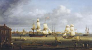 Louis Dodd - New York harbor anno 1788, with an American frigate, a gun brig and other shipping in the harbor and figures on the quayside