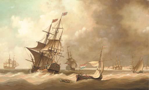 Louis Dodd - Shipping close hauled off Portsmouth Harbour showing a line of Prison Hulks in calmer waters
