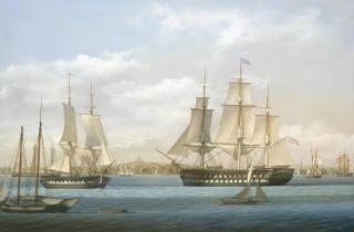 Louis Dodd - \'The United States Ship of the Line Ohio in Boston Harbour Shewing the City and Naval Shipyard, 1838\'