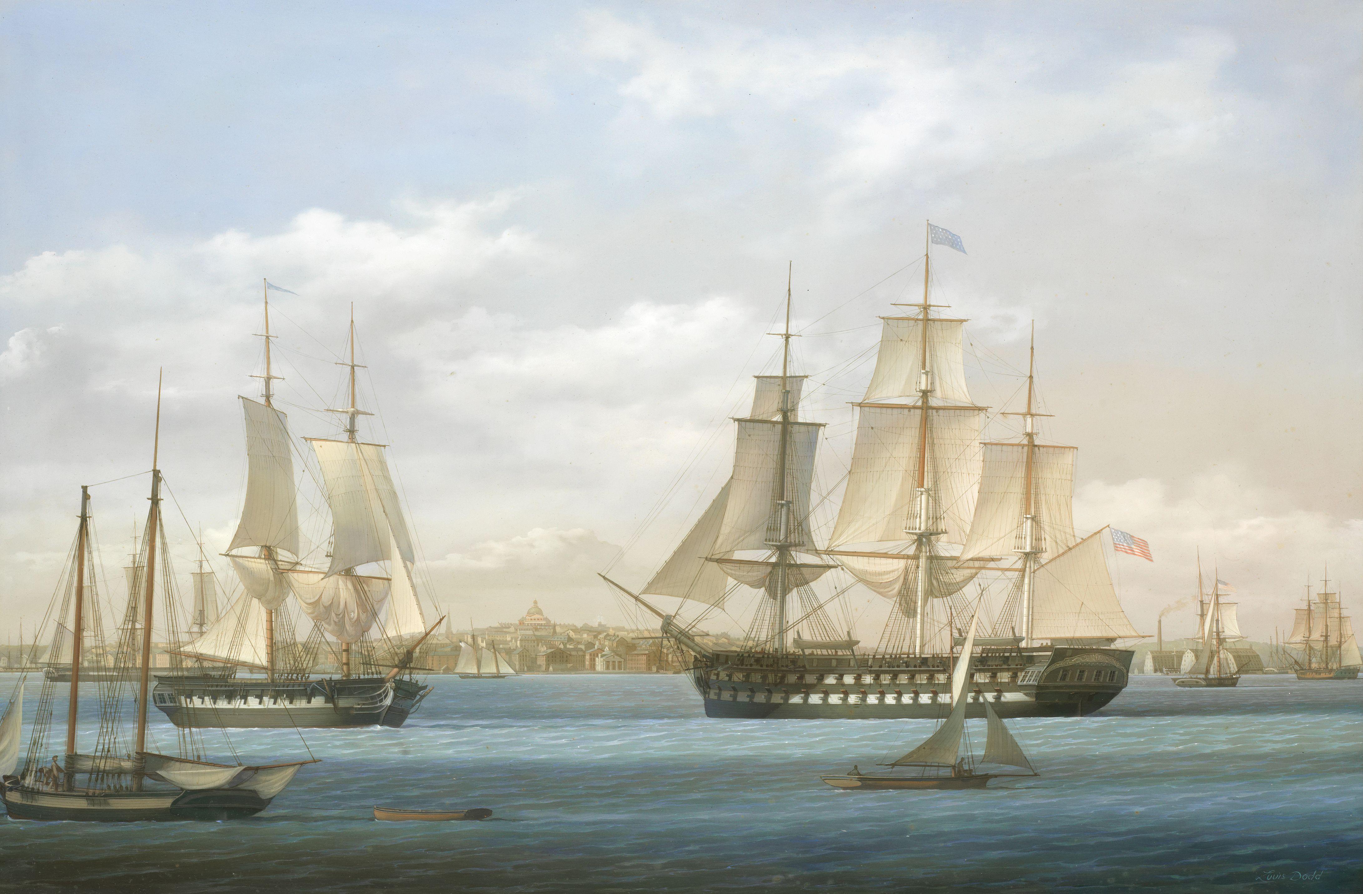 Louis Dodd - \'The United States Ship of the Line Ohio in Boston Harbour Shewing the City and Naval Shipyard, 1838\'