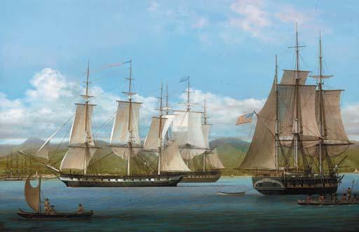 Louis Dodd - U.S. sloop of war Vincennes and the frigate Brandywine arriving at Honolulu harbour, Hawaii, to protect the American whaling fleet, 1829