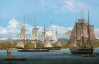Louis Dodd - U.S. sloop of war Vincennes and the frigate Brandywine arriving at Honolulu harbour, Hawaii, to protect the American whaling fleet, 1829