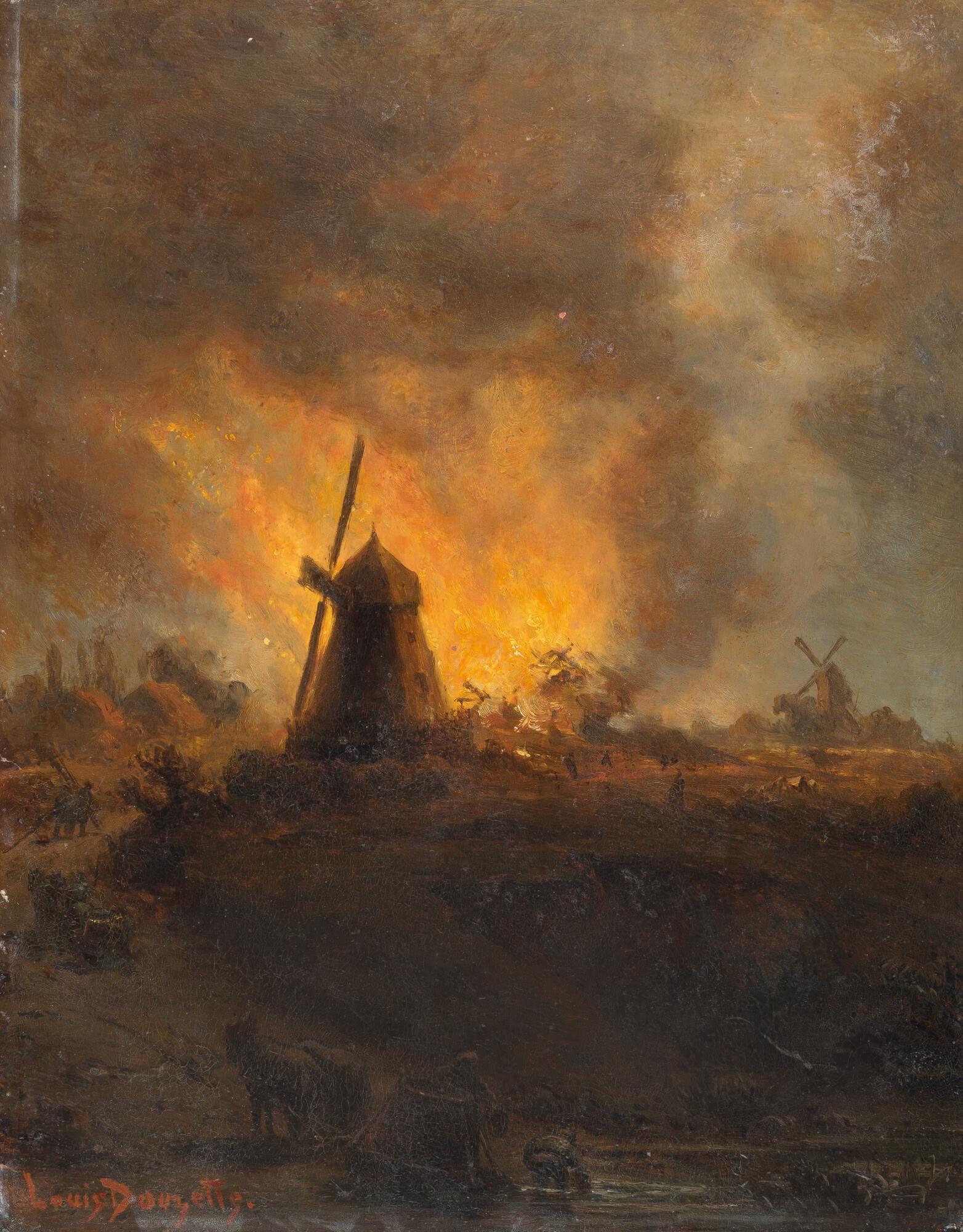 Louis Douzette - Brennende Windmühle bei Nacht