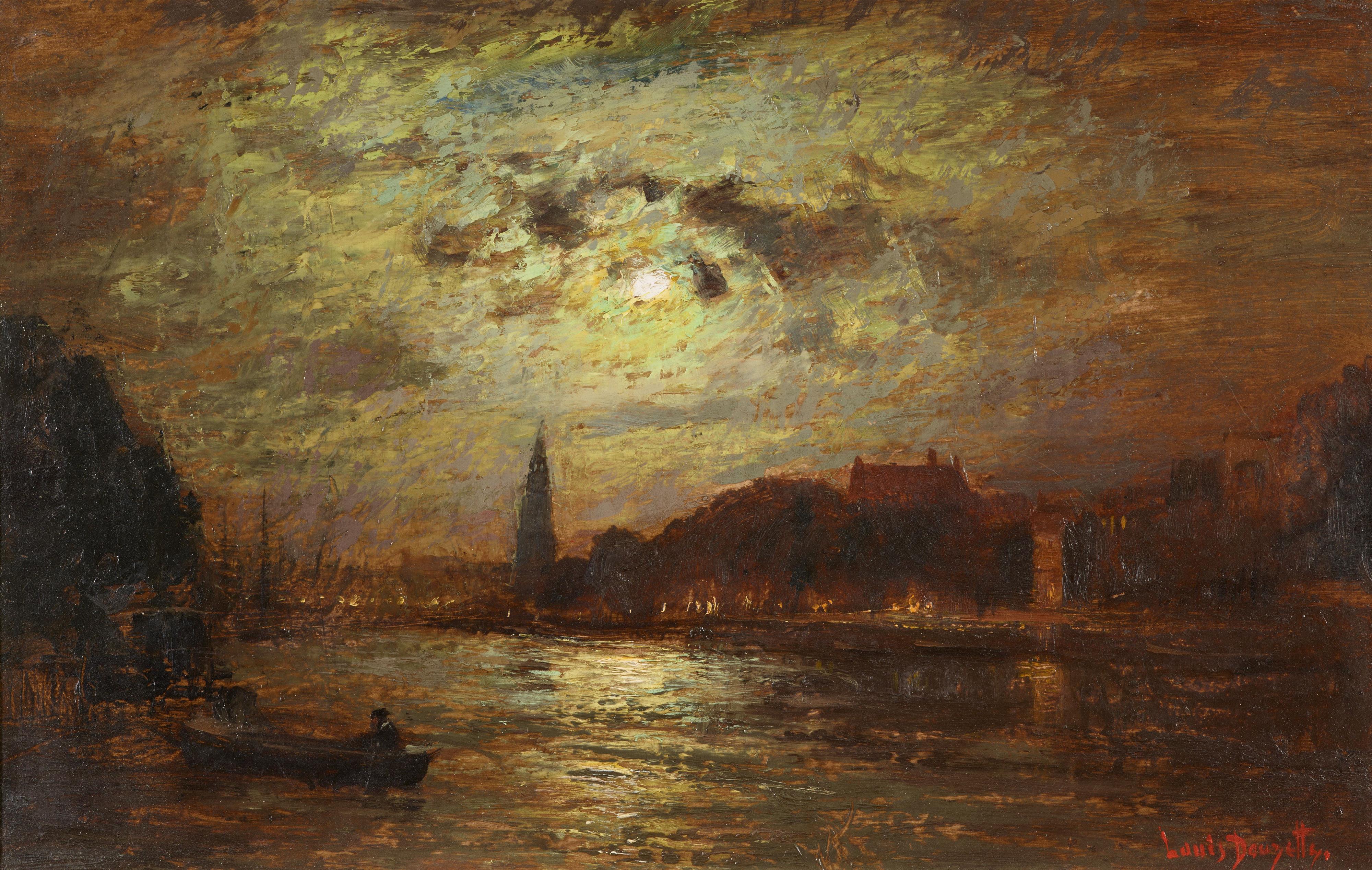 Louis Douzette - Hafenansicht bei Mondschein