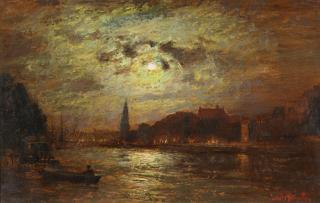 Louis Douzette - Hafenansicht bei Mondschein