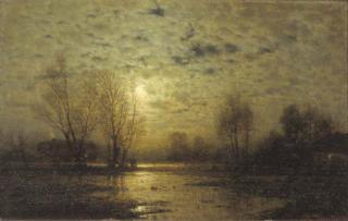 Louis Douzette - Houses along a lake bij moonlight